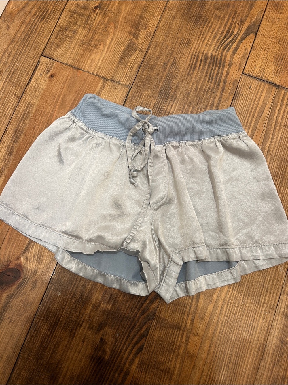 Light Gray Satin Shorts with Dusty Blue Waistband